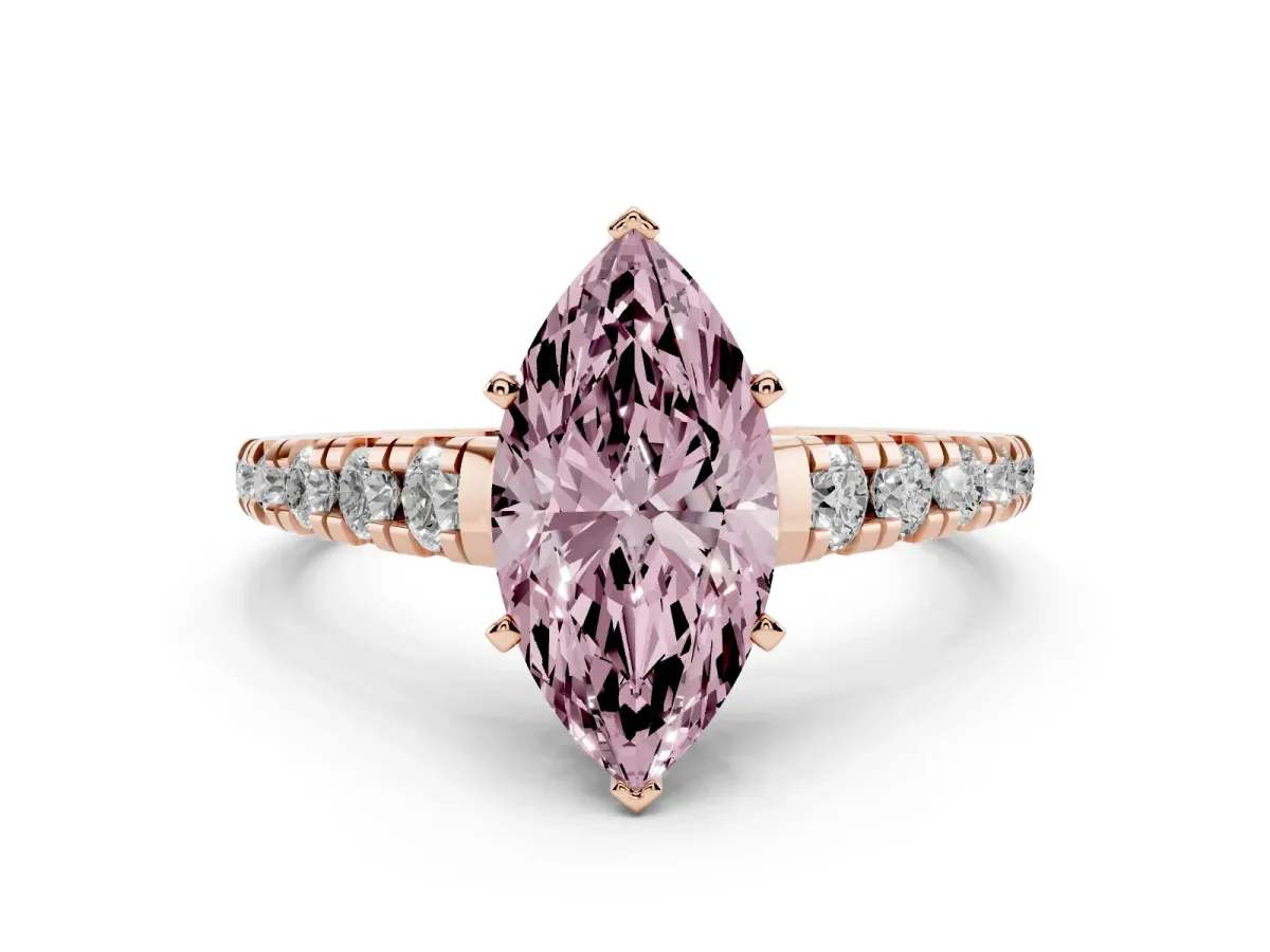 Fancy Pink Marquise Cut Diamond Cathedral Solitaire Ring with Round Pavé Band Rose gold