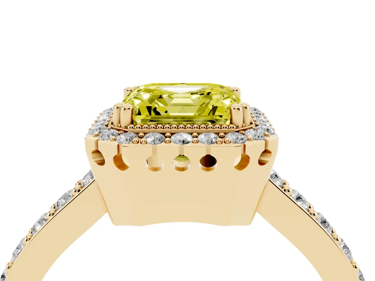 Fancy Yellow Asscher Cut Cut Diamond Halo Engagement Ring with Milgrain Detail and Pavé Band Yellow gold