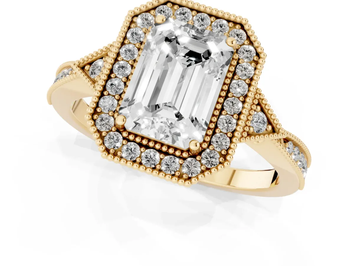 Emerald Cut Halo Round Diamond Milgrain Pave Engagement Ring Yellow gold