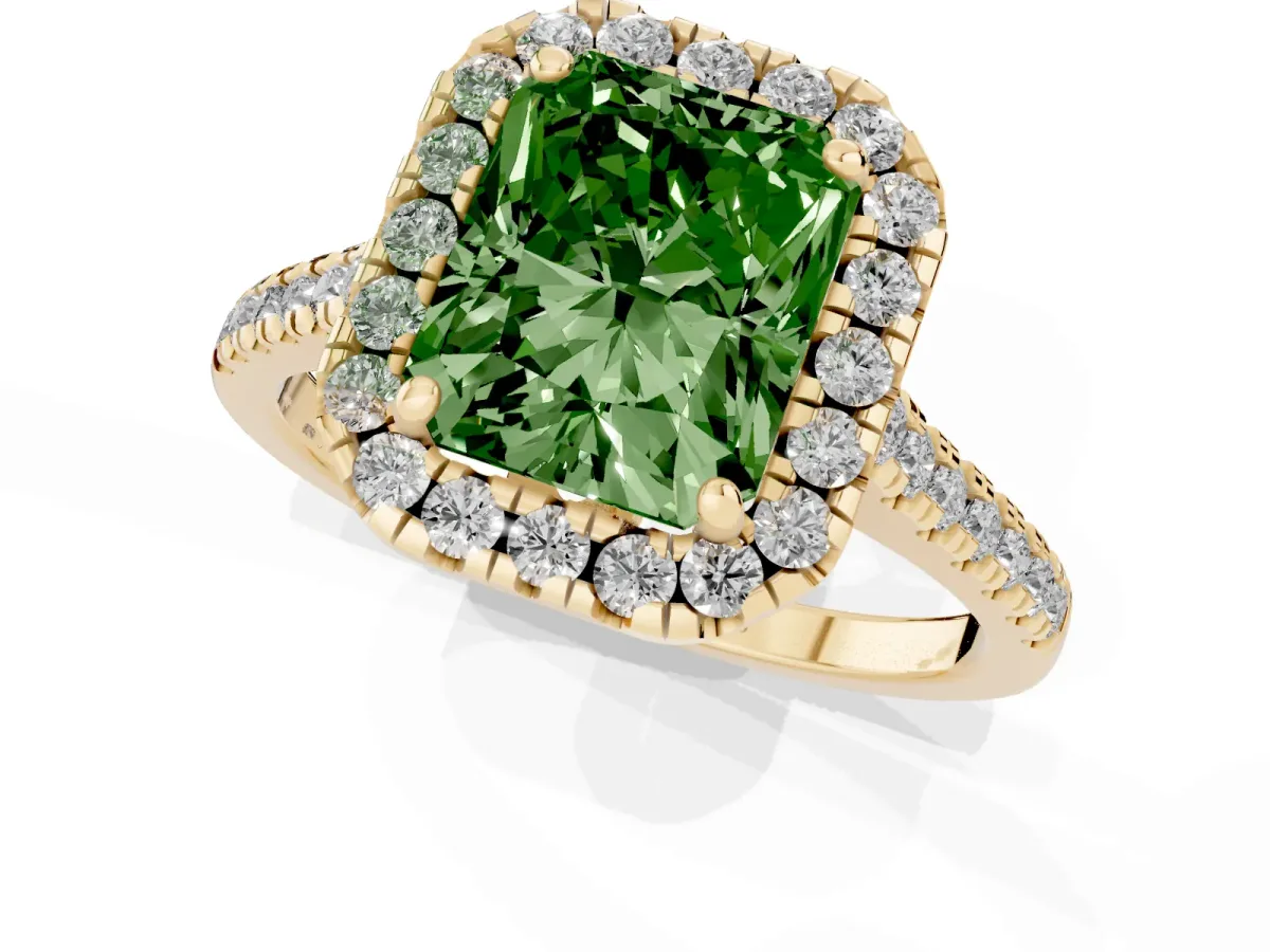 Fancy Green Radiant Cut Diamond Cushion Halo Ring with Pavé Band Yellow gold