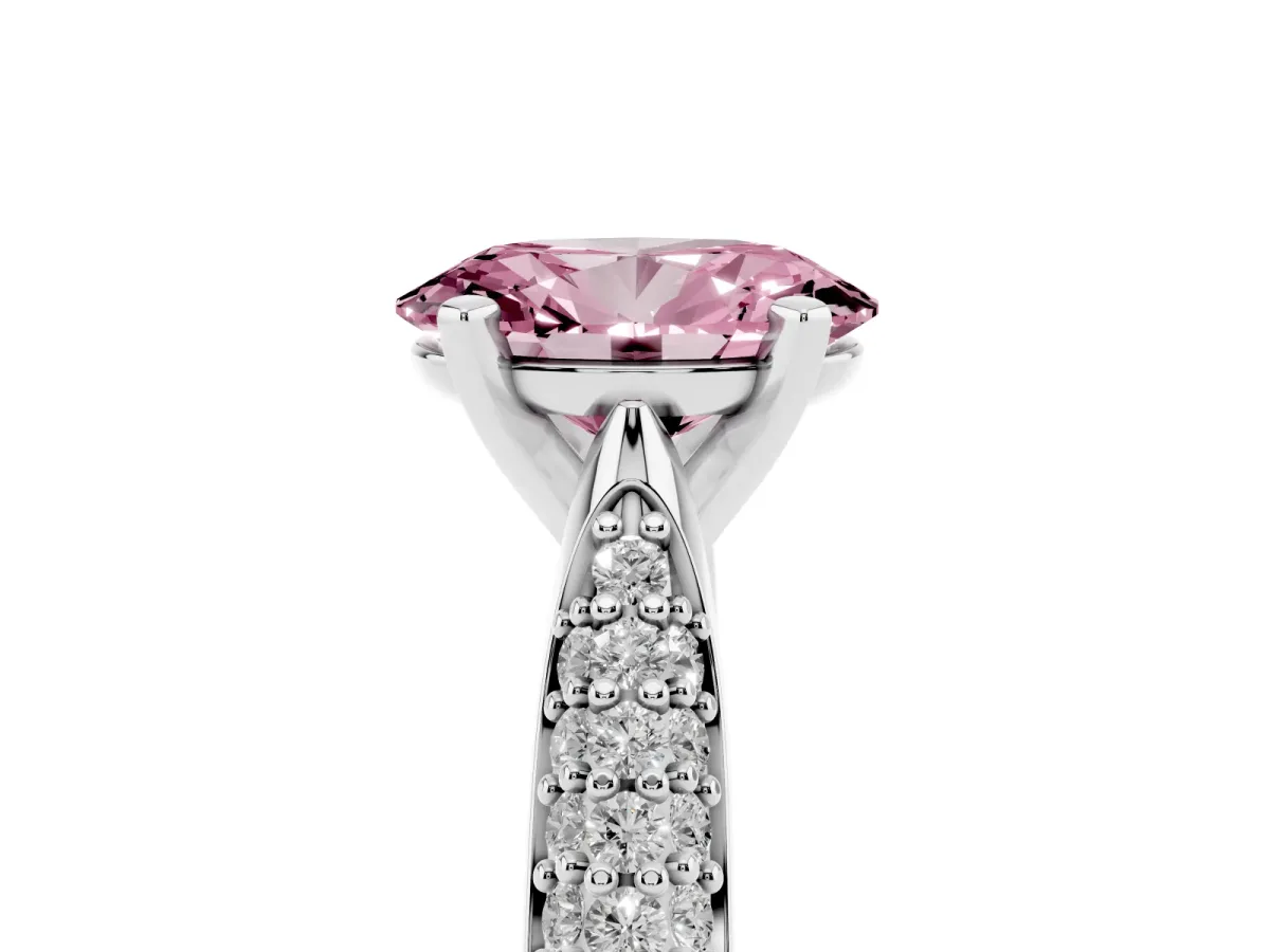 Fancy Pink Oval Cut Diamond Solitaire Engagement Ring with Multi-Row Round Pavé Band and Prong Setting Silver