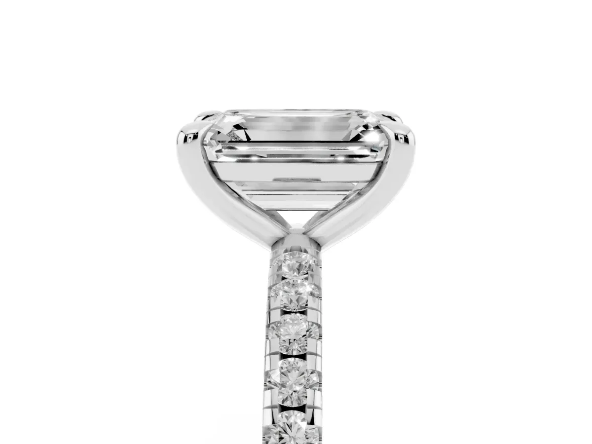 Emerald Cut Diamond Brilliant Solitaire Ring with Pavé Band and Four-Prong Setting White gold