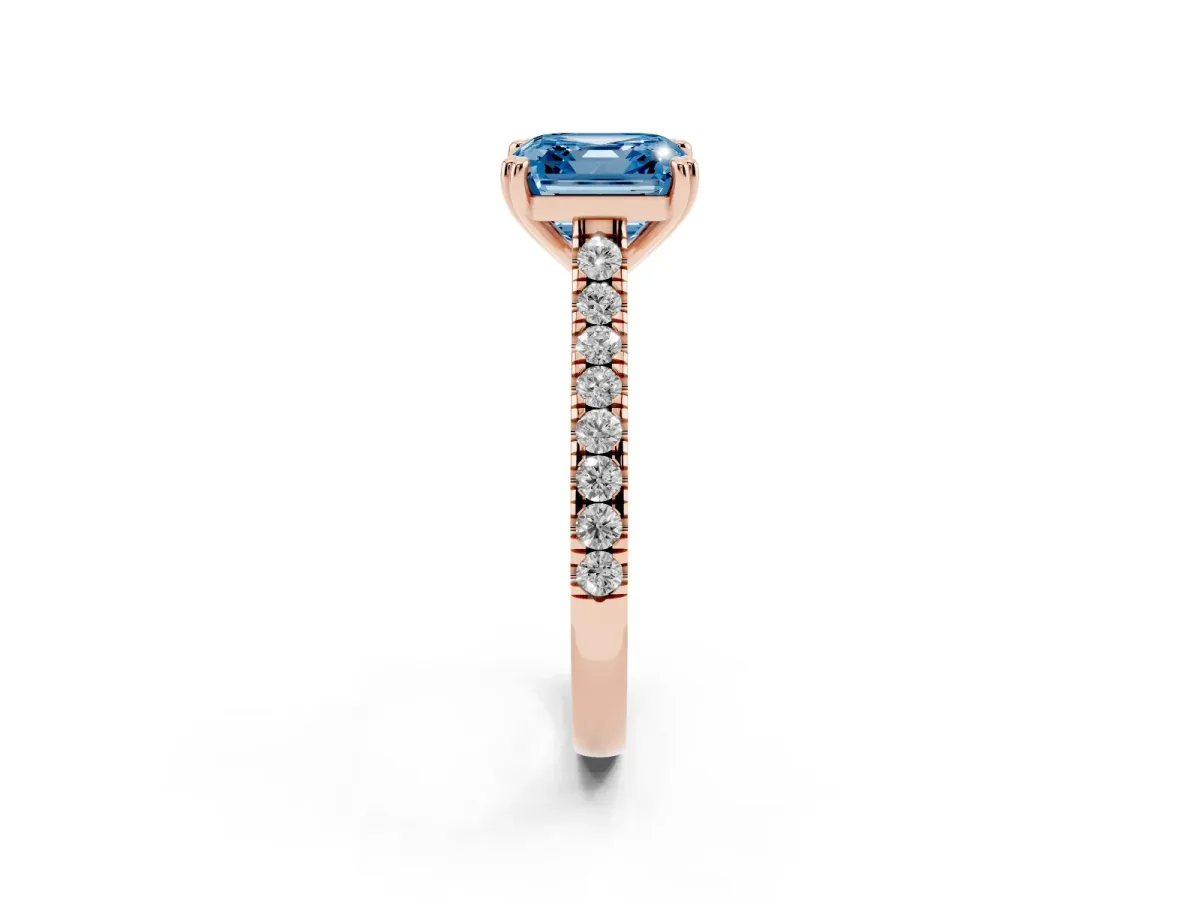 Fancy Blue Asscher Cut Solitaire Pave Diamond Engagement Ring with Prong Setting Rose gold