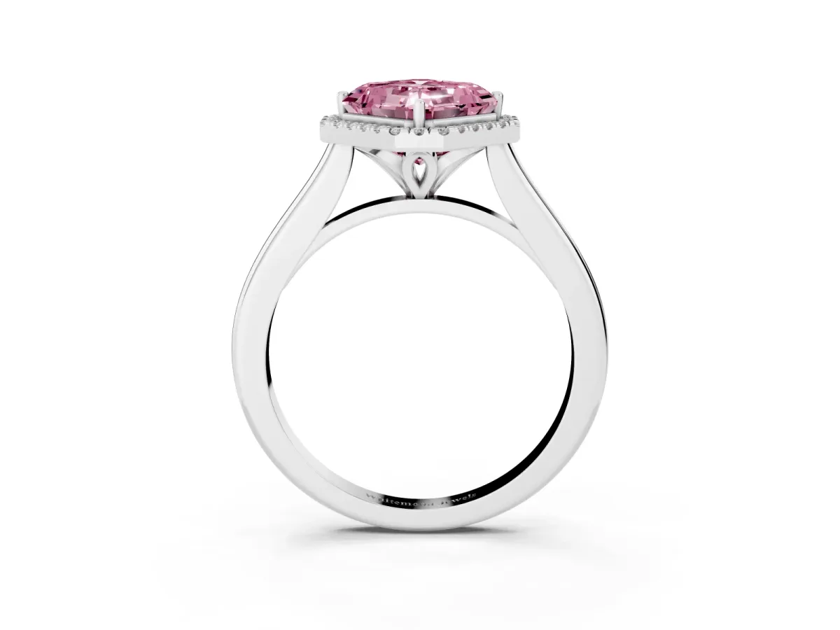 Fancy Pink Asscher Cut Halo Round Diamond Solitaire Engagement Ring with Pave Band and Four-Prong Setting Platinum