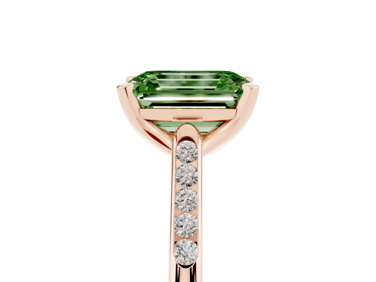 Fancy Green Emerald Cut Diamond Solitaire Ring with Channel Set Round Band and Prong Setting Rose gold
