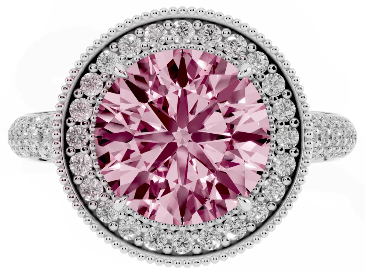 Fancy Pink Round Cut Cut Halo Diamond Pave Band with Four-Prong Setting Silver