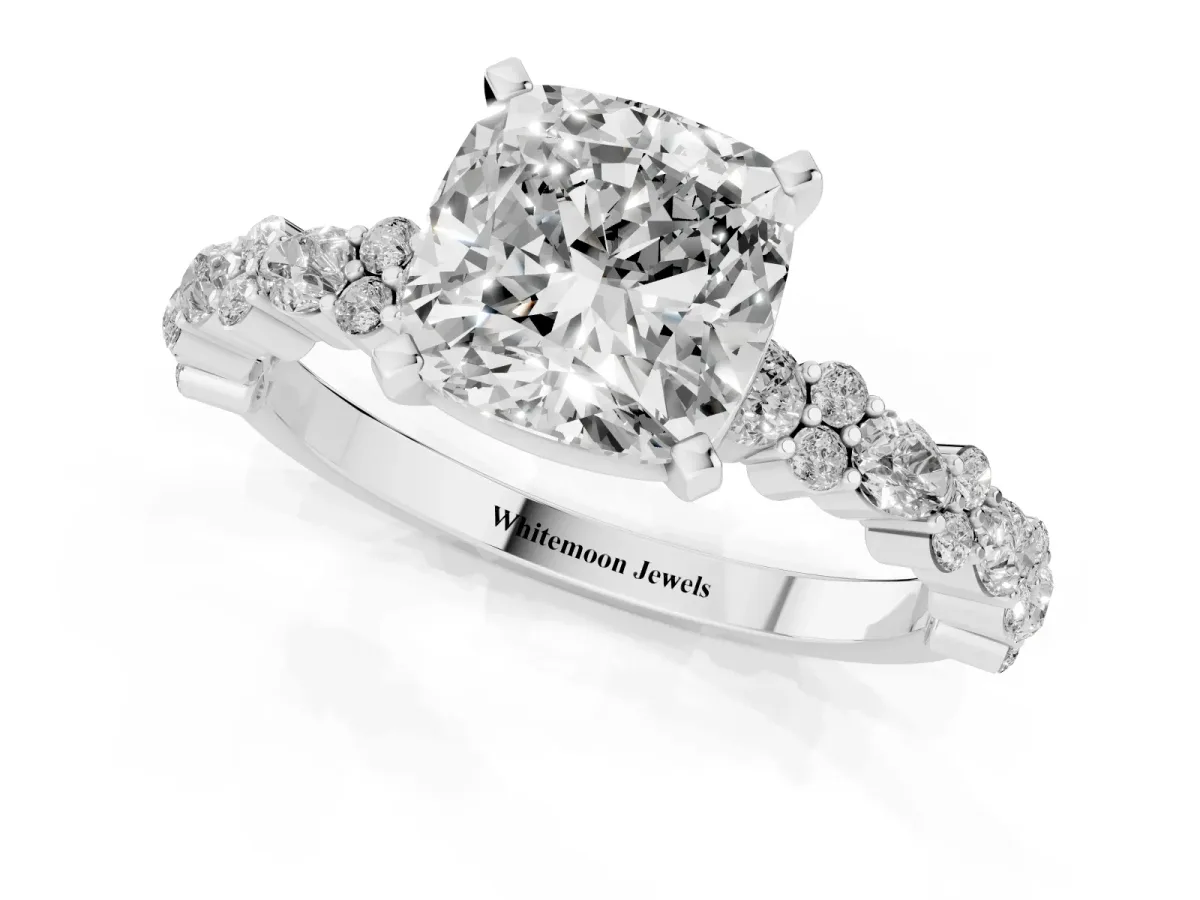 Cushion Cut Diamond Side Stone Solitaire Ring with Round and Four-Prong Setting Silver