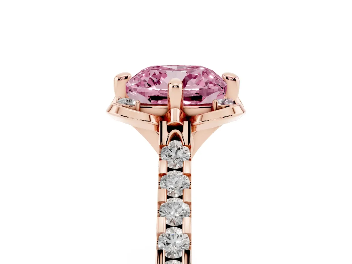 Fancy Pink Cushion Cut Diamond Ring with Pavé Band and Floral Prong Setting Rose gold