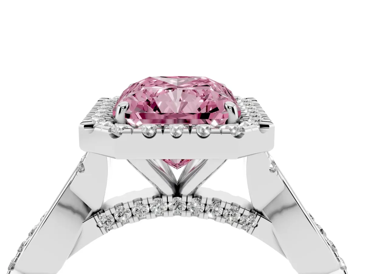 Fancy Pink Radiant Cut Halo Twist Band Solitaire Ring Silver