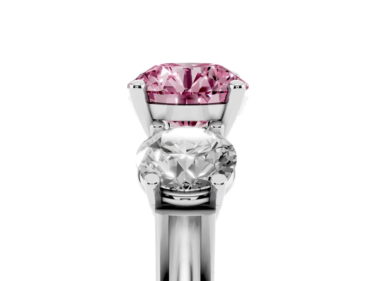 Fancy Pink Three-Stone Round Cut Brilliant Diamond Trellis Ring with Comfort Fit Band Silver