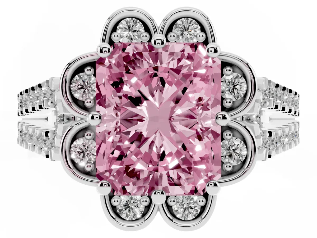 Fancy Pink Radiant Cut Halo Diamond Floral Split Shank Engagement Ring Platinum