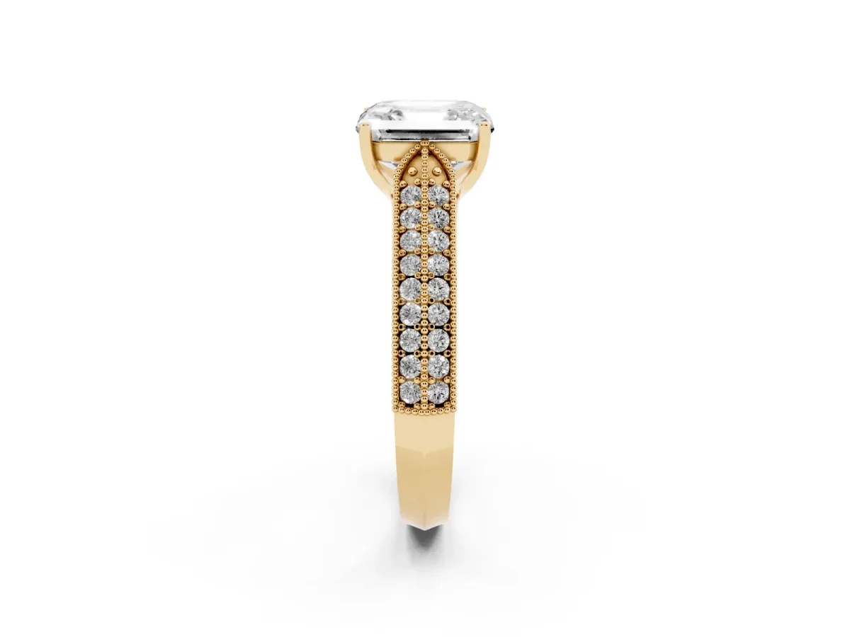 Asscher Cut Cut Pave Split Shank Engagement Ring with Four-Prong Setting Yellow gold