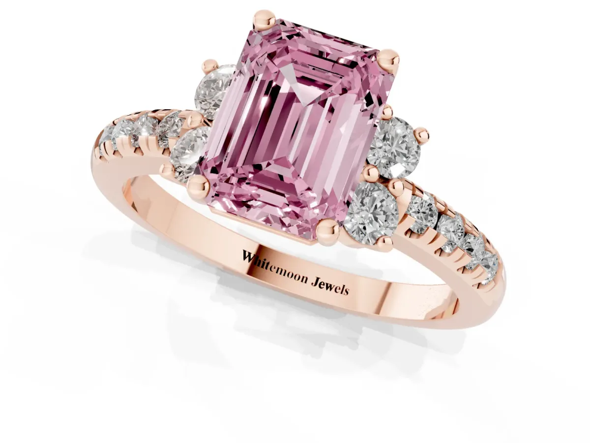 Fancy Pink Emerald Cut Diamond Three-Stone Pave Band with Four-Prong Setting Rose gold