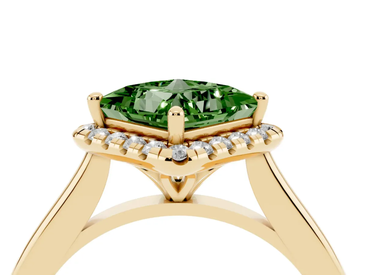 Fancy Green Princess Cut Halo Round Diamond Solitaire Engagement Ring with Pave Band and Four-Prong Setting Yellow gold