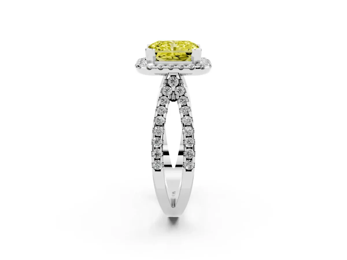 Fancy Yellow Radiant Cut Diamond Halo Ring with Split Shank Pavé Band and Prong Setting Silver