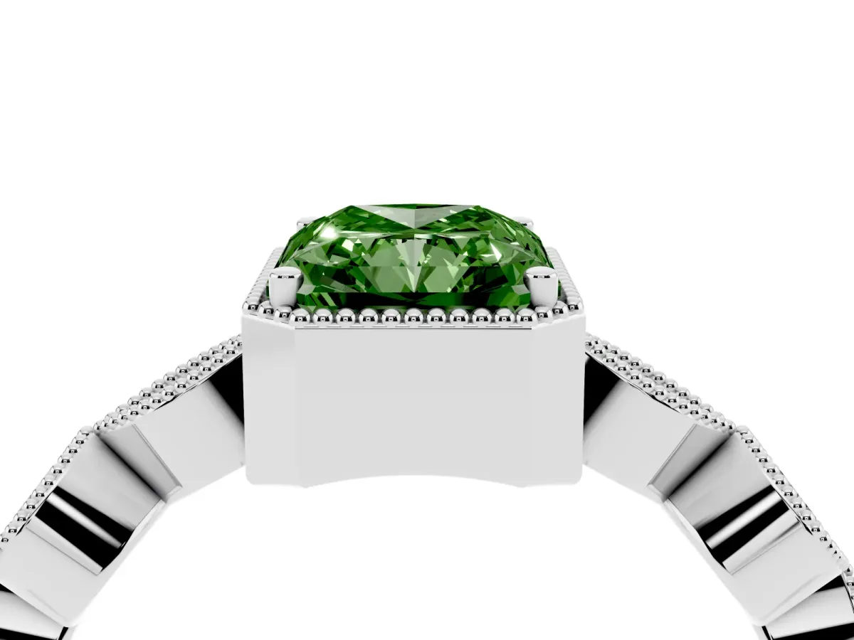 Fancy Green Radiant Cut Diamond Vintage Milgrain Ring with Round Stations Silver