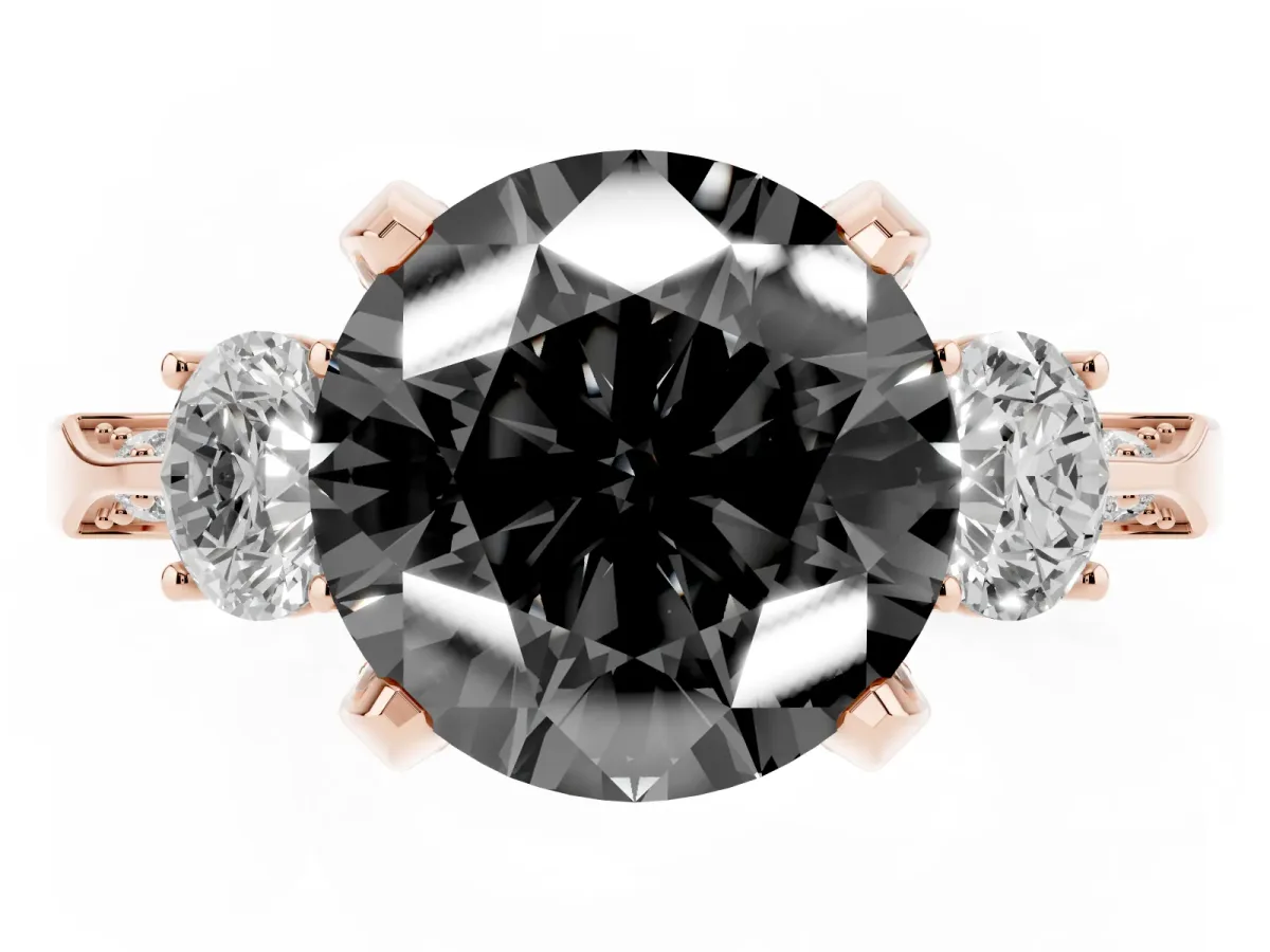 Fancy Black Round Cut Brilliant Three-Stone Diamond Ring with Pavé Band and Four-Prong Setting Rose gold