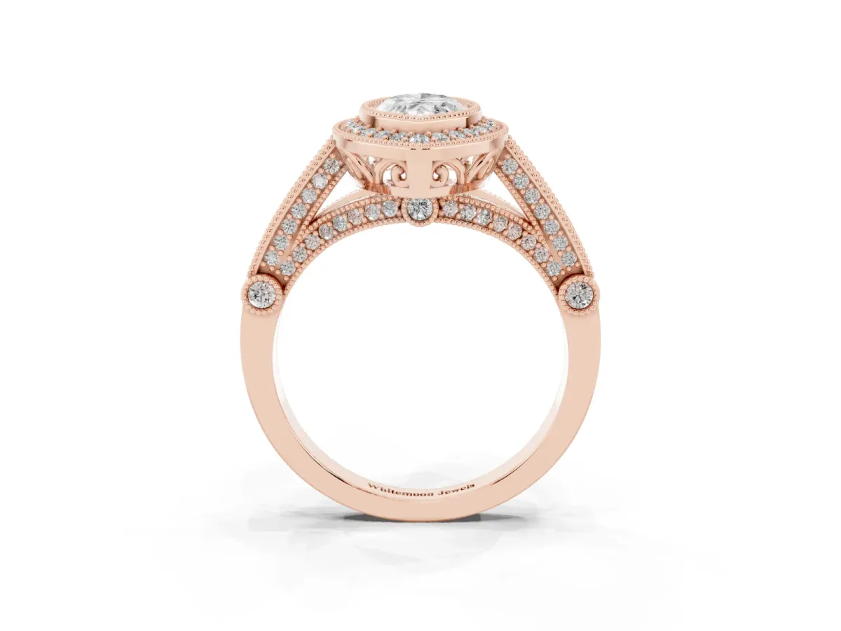 Marquise Cut Halo Diamond Split Shank Pave Ring Rose gold