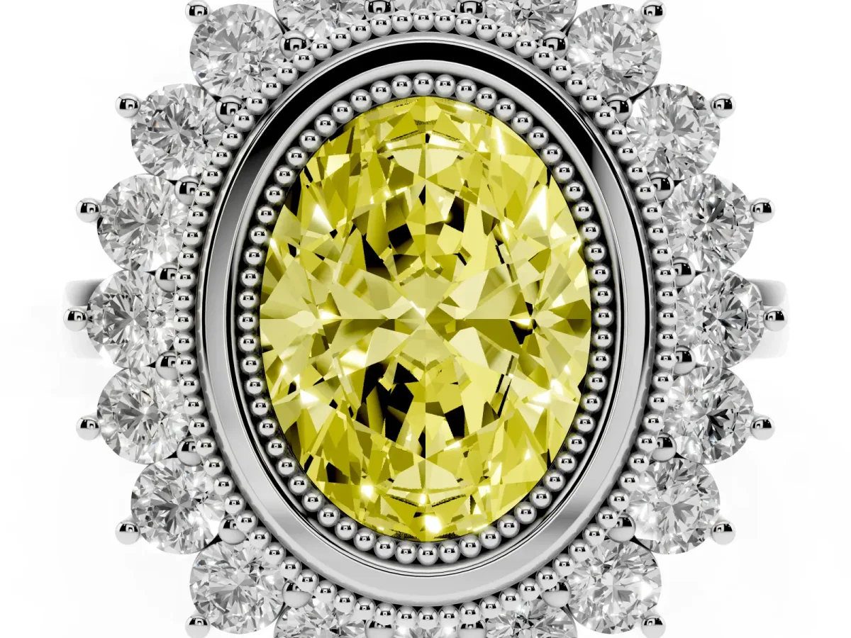 Fancy Yellow Oval Cut Halo Diamond Ring with Milgrain Edge and Round Prong Setting Silver
