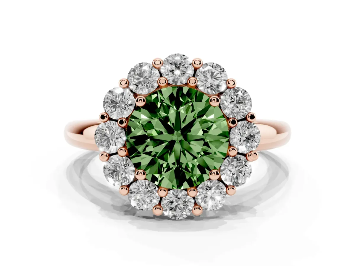 Fancy Green Round Cut Halo Cluster Diamond Engagement Ring with Prong Setting and Polished Band Rose gold