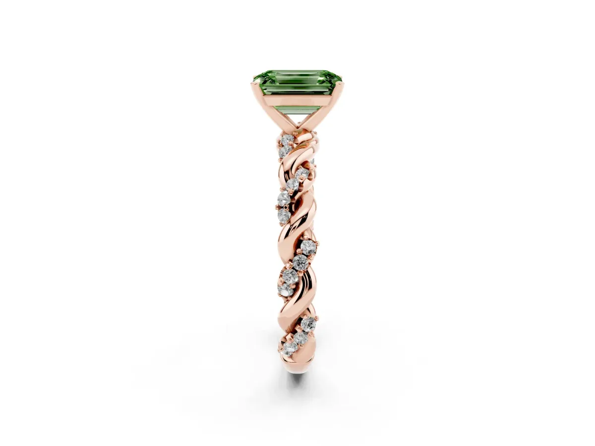 Fancy Green Emerald Cut Diamond Solitaire Ring with Twisted Band and Pavé Accents Rose gold