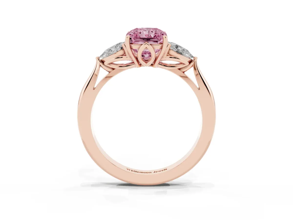 Fancy Pink Three-Stone Radiant Cut Brilliant Diamond Solitaire Ring with Tapered Band and Four-Prong Setting Rose gold
