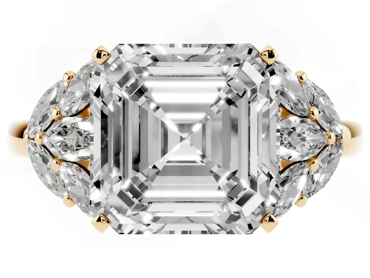 Asscher Cut Diamond Cluster Leaf Design Ring with Prong Setting Yellow gold