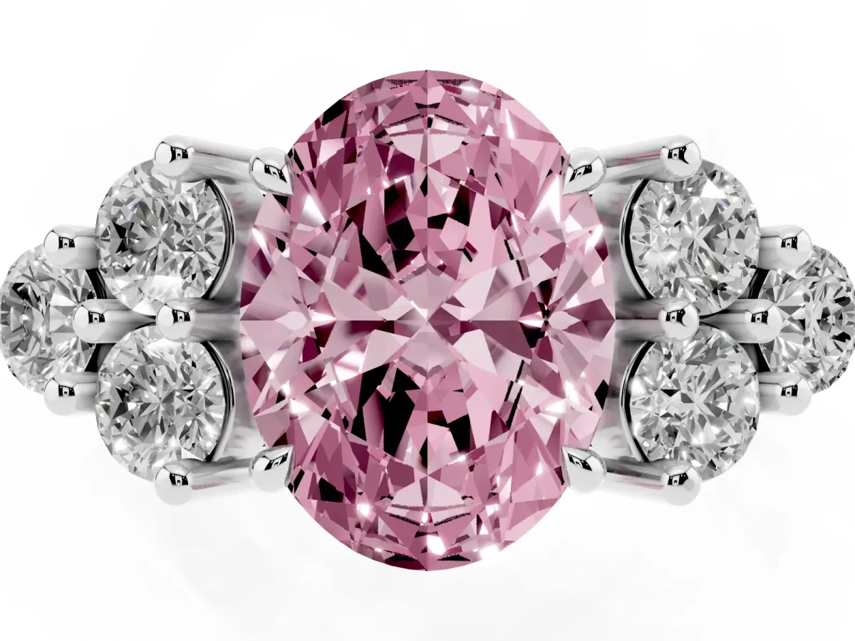 Fancy Pink Oval Cut Brilliant Diamond Cluster Accent Solitaire Ring with Prong Setting Platinum