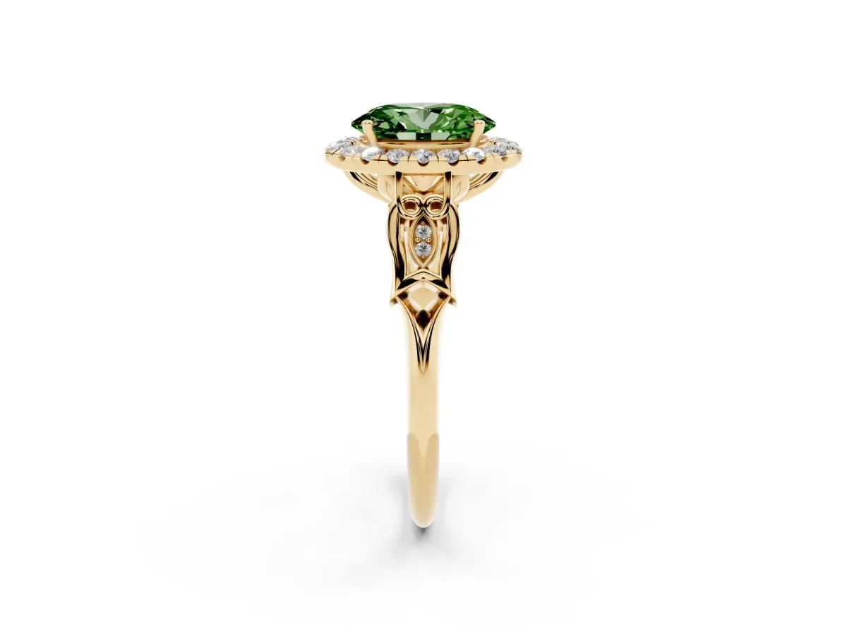 Fancy Green Oval Cut Halo Diamond Engagement Ring with Filigree Band and Four-Prong Setting Yellow gold