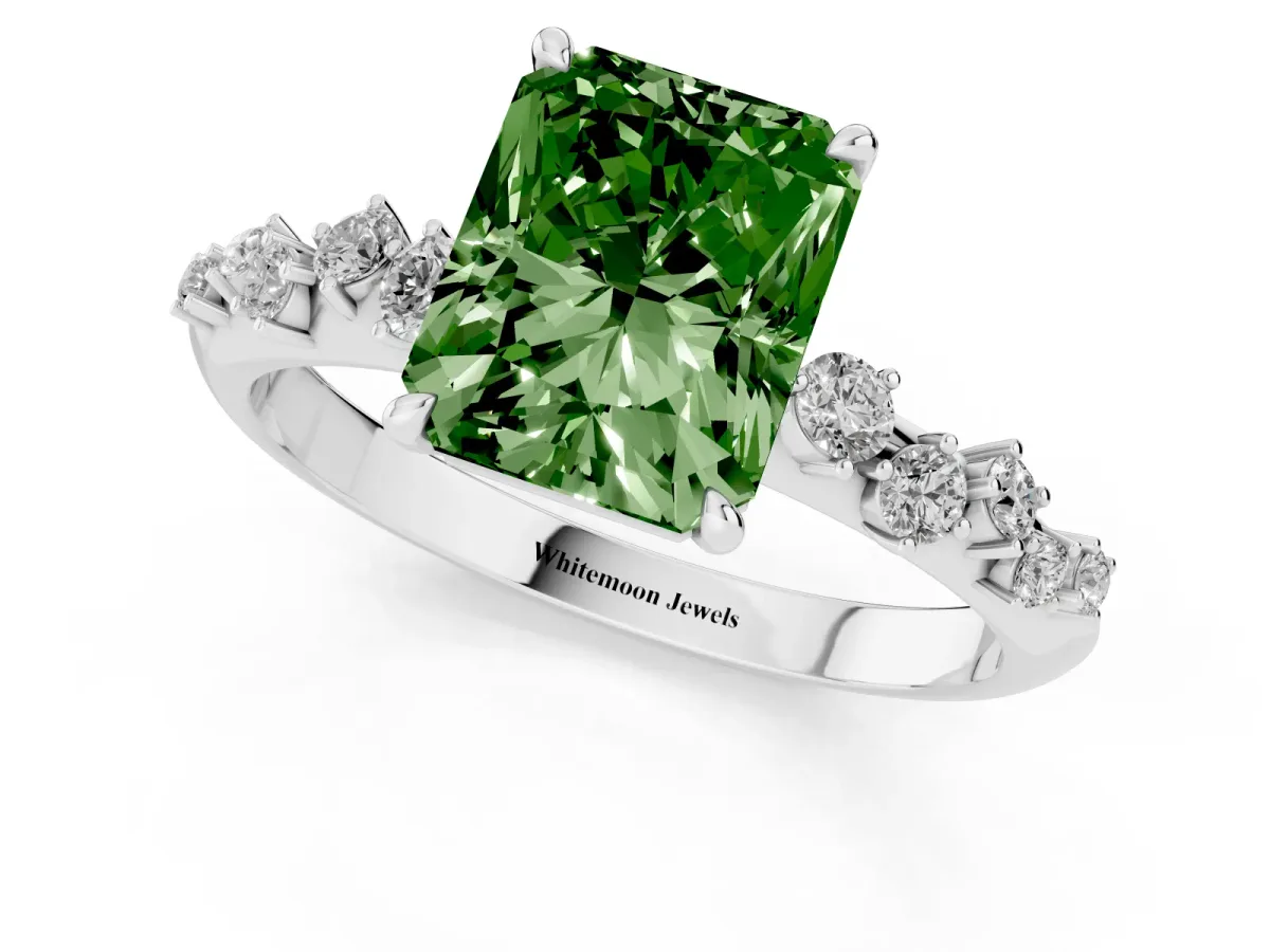 Fancy Green Radiant Cut Diamond Cluster Side Stone Solitaire Ring with Prong Setting Platinum
