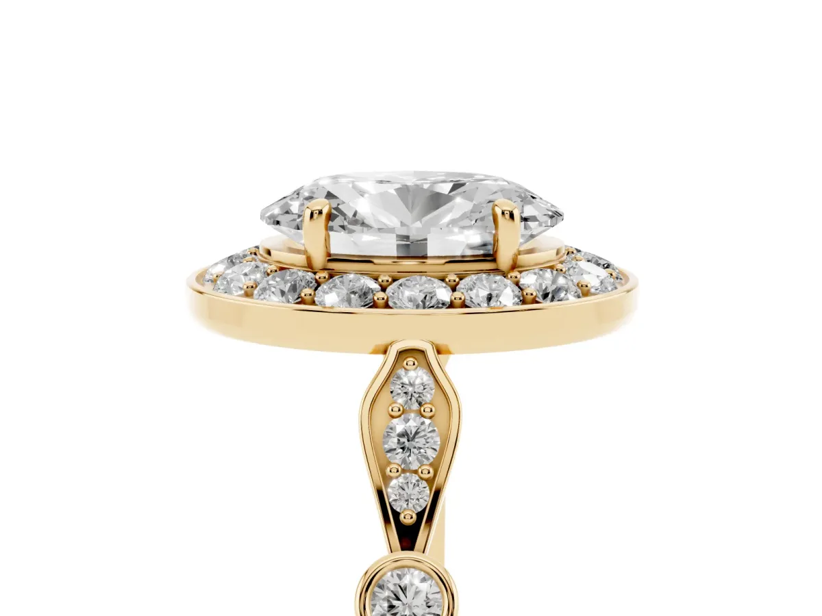 Oval Cut Halo Diamond Engagement Ring with Twisted Band and Four-Prong Setting Yellow gold