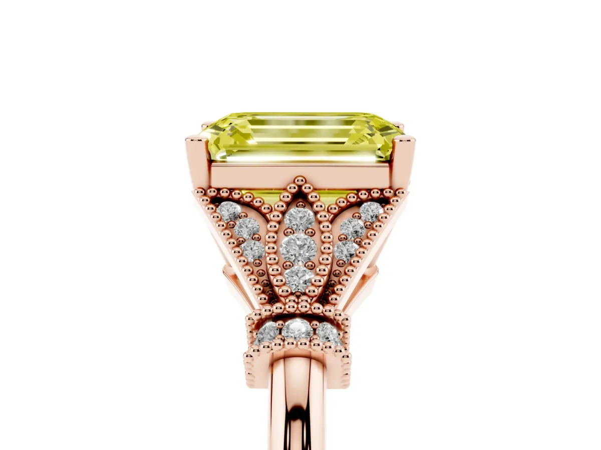 Fancy Yellow Emerald Cut Diamond Solitaire Ring with Floral Filigree and Pave Accents Rose gold
