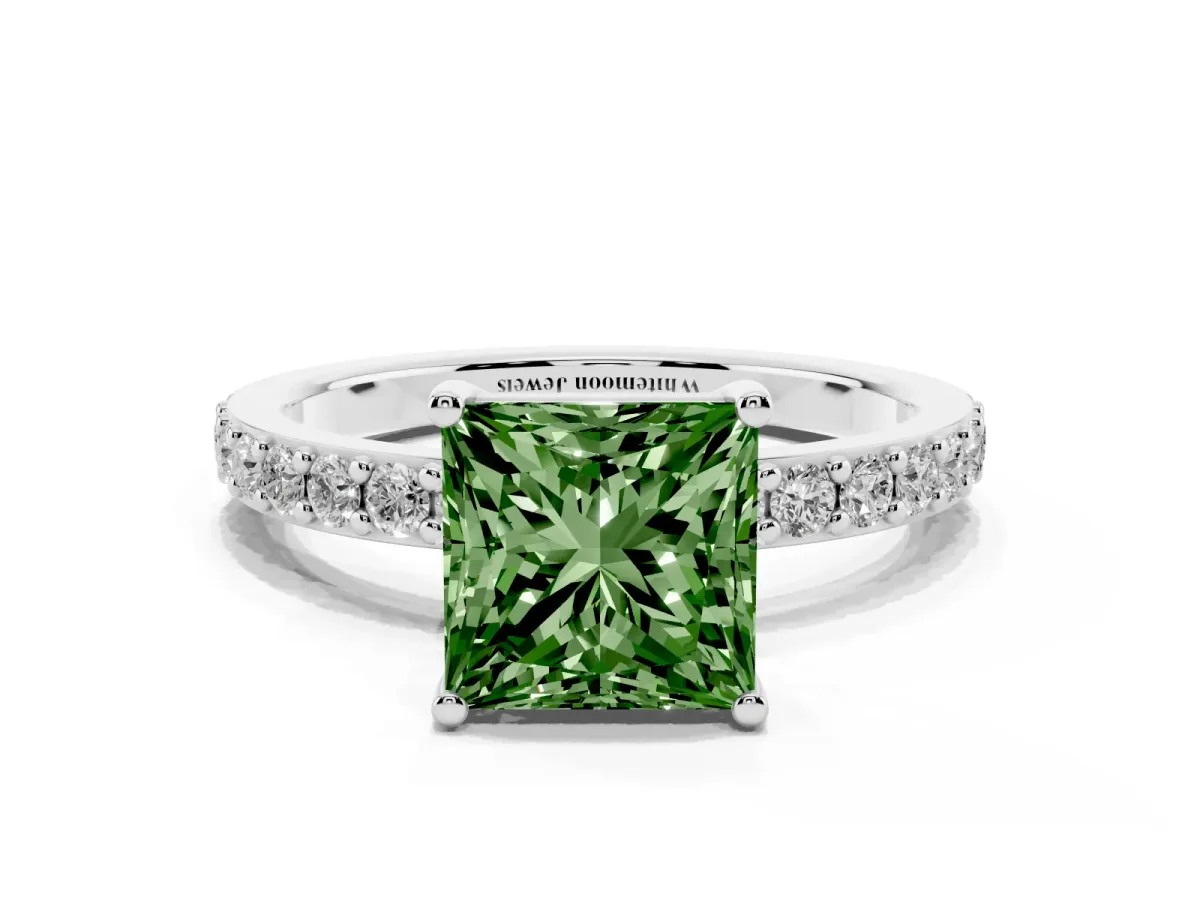Fancy Green Princess Cut Cut Diamond Solitaire with Pave Band and Four-Prong Setting Silver