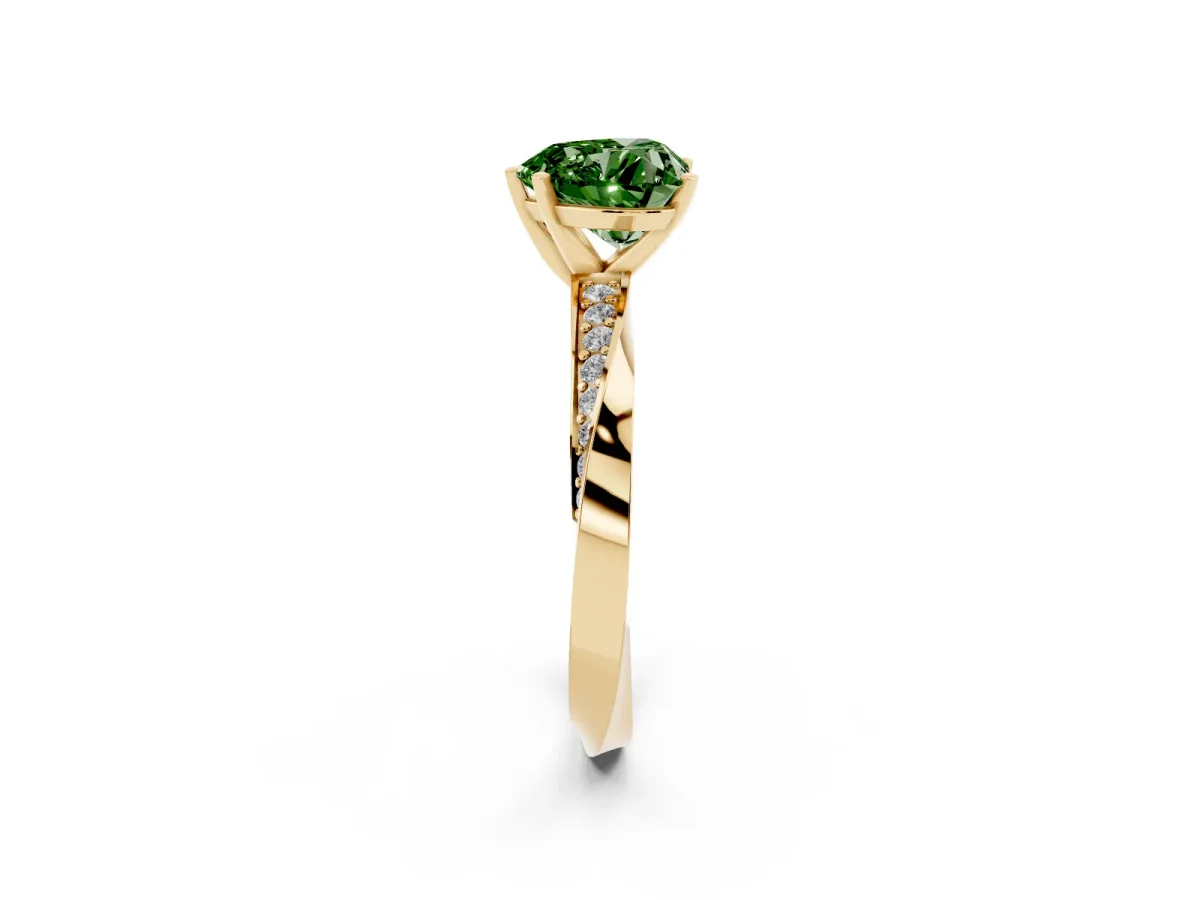 Fancy Green Heart Cut Diamond Engagement Ring with Side Stone Accents and Four-Prong Setting Yellow gold