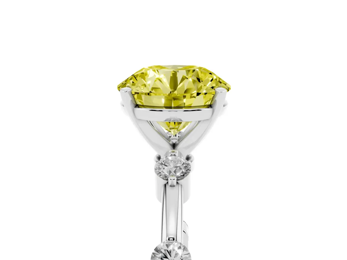 Fancy Yellow Round Cut Solitaire Diamond Ring with Bezel Set Side Stones and Prong Setting Silver