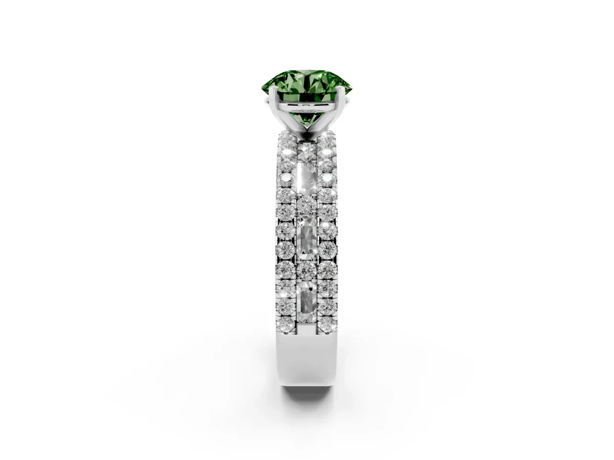 Fancy Green Round Cut Diamond Solitaire Ring with Pavé and Channel Set Band Silver