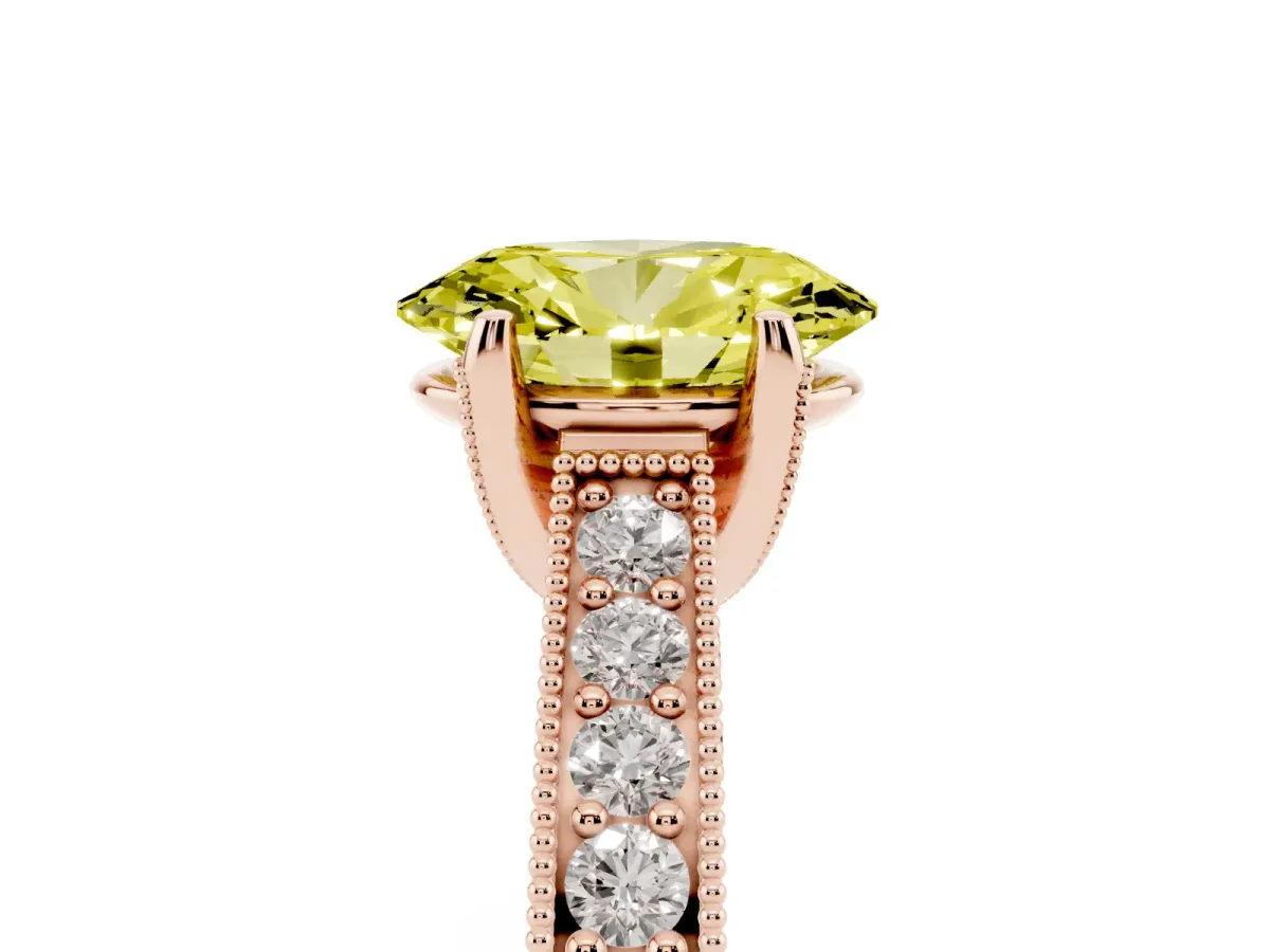 Fancy Yellow Oval Cut Cut Diamond Solitaire Ring with Milgrain Pave Band and Four Prong Setting Rose gold