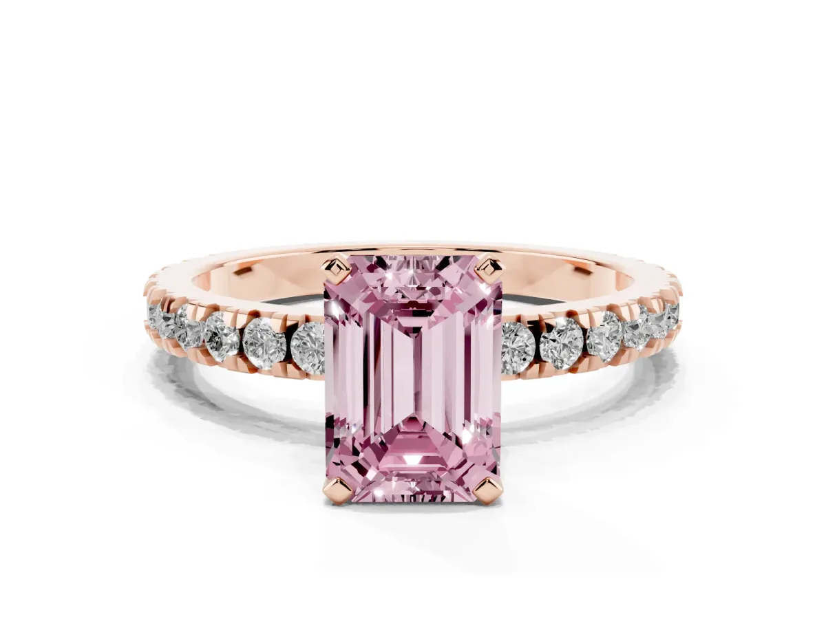 Fancy Pink Emerald Cut Diamond Pavé Band Solitaire with Four-Prong Setting Rose gold