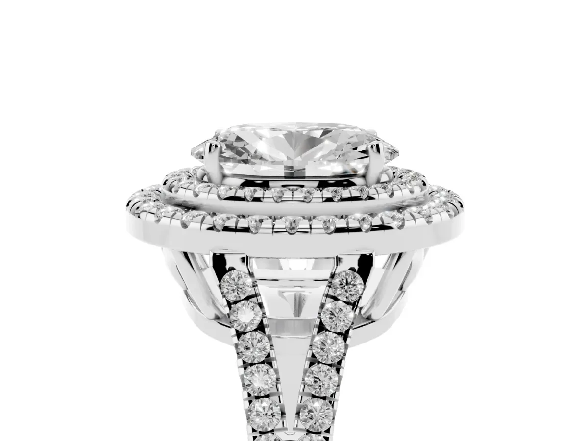 Oval Cut Diamond Double Halo Ring with Pavé Band and Prong Setting Silver