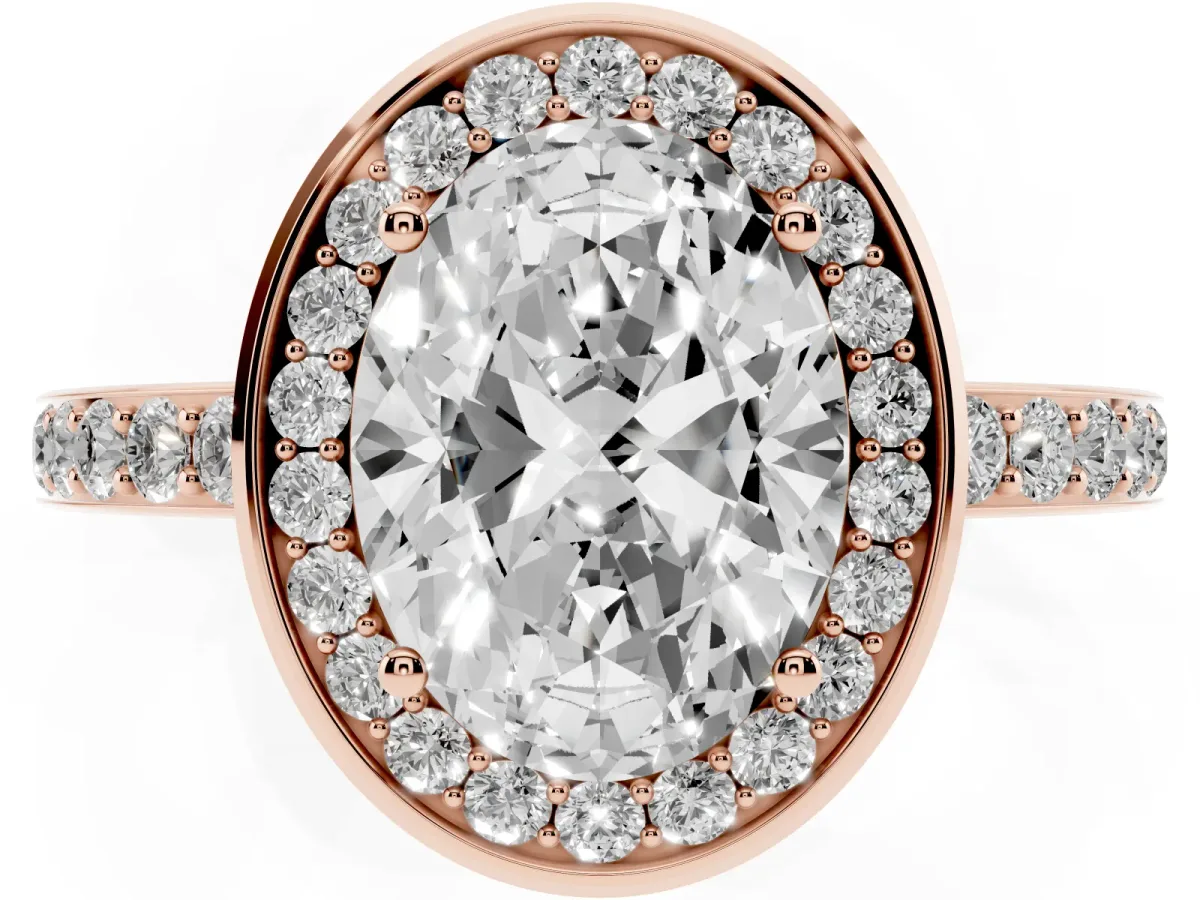 Oval Cut Diamond Halo Ring with Bezel Frame and Pavé Band Rose gold