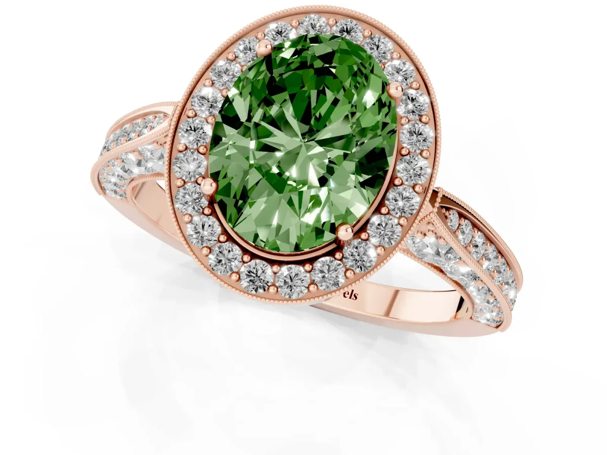 Fancy Green Oval Cut Halo Diamond Engagement Ring with Split Shank Band and Four-Prong Setting Rose gold