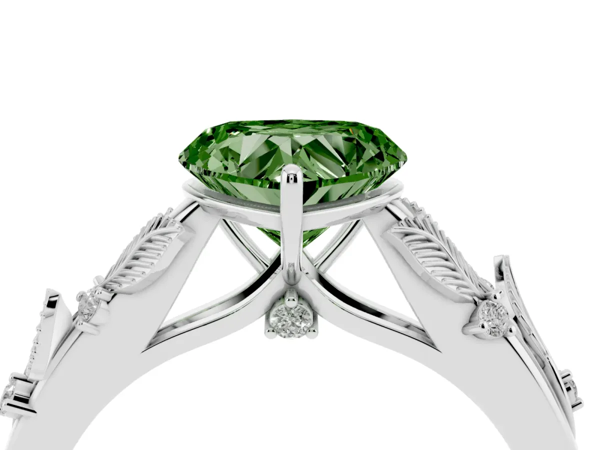 Fancy Green Heart Cut Diamond Solitaire Ring with Leaf Motif Band and Four-Prong Setting Silver