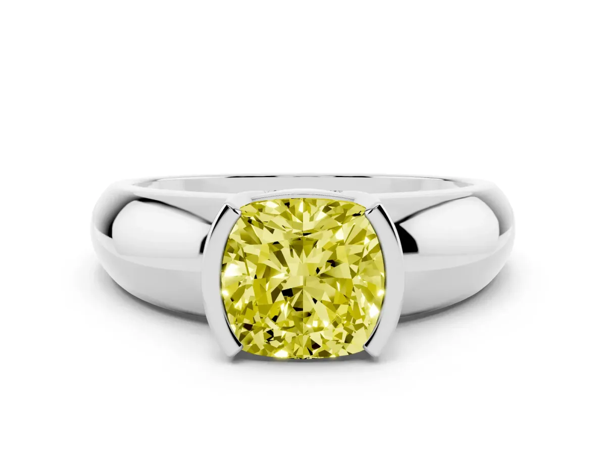 Fancy Yellow Cushion Cut Solitaire Tension Set Diamond Ring with Wide Band Platinum