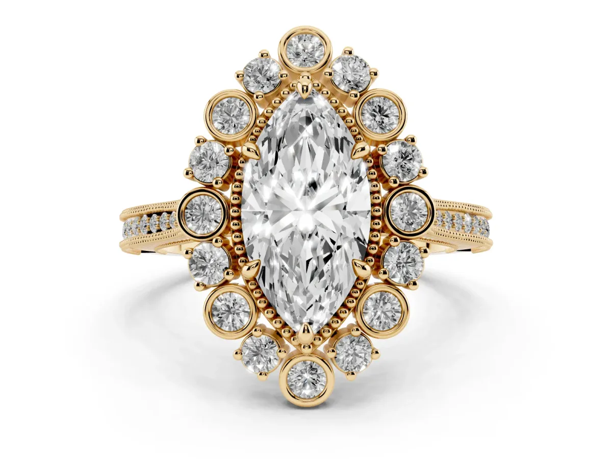 Marquise Cut Halo Milgrain Pave Diamond Ring with Four-Prong Setting Yellow gold