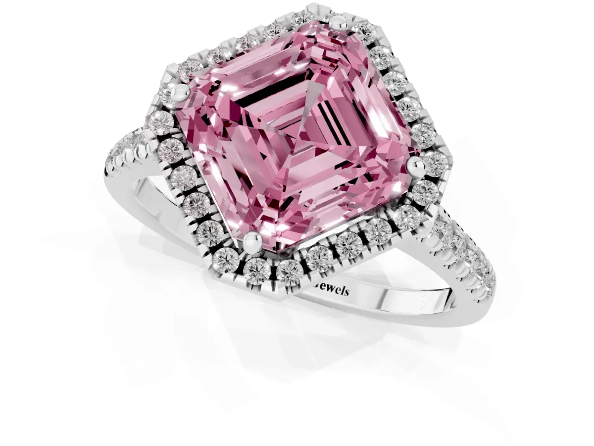 Fancy Pink Asscher Cut Diamond Cushion Halo Ring with Pavé Band Platinum