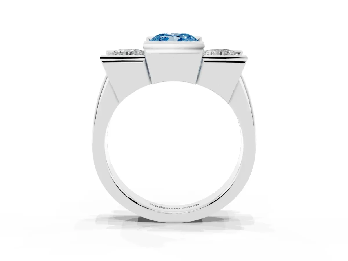 Fancy Blue Three Stone Cushion Cut Cut Channel Set Diamond Ring Silver