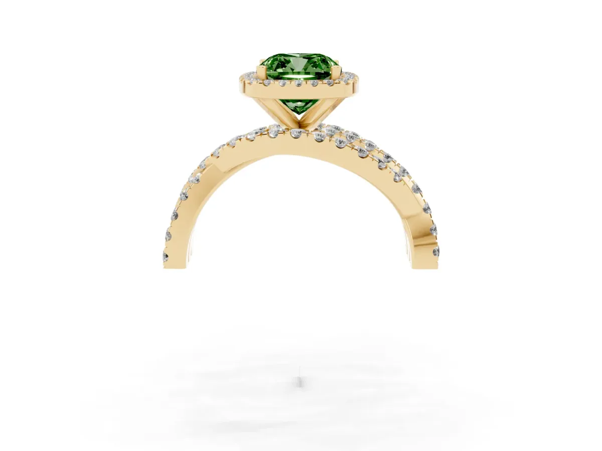 Fancy Green Cushion Cut Diamond Halo Ring with Round Split Shank and Prong Setting Yellow gold