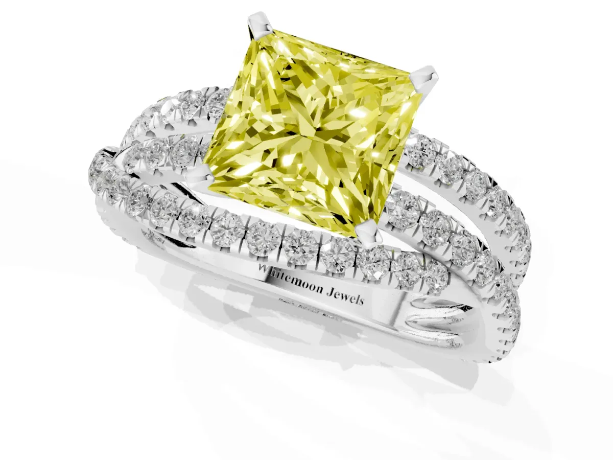 Fancy Yellow Princess Cut Solitaire Twist Band with Pavé Setting and Four-Prong Setting Silver