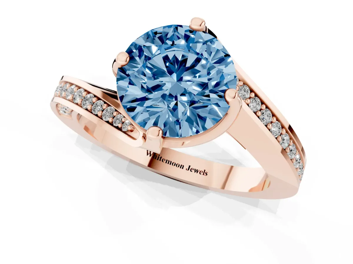 Fancy Blue Round Cut Solitaire Diamond Twist Band with Pavé Setting and Four-Prong Setting Rose gold