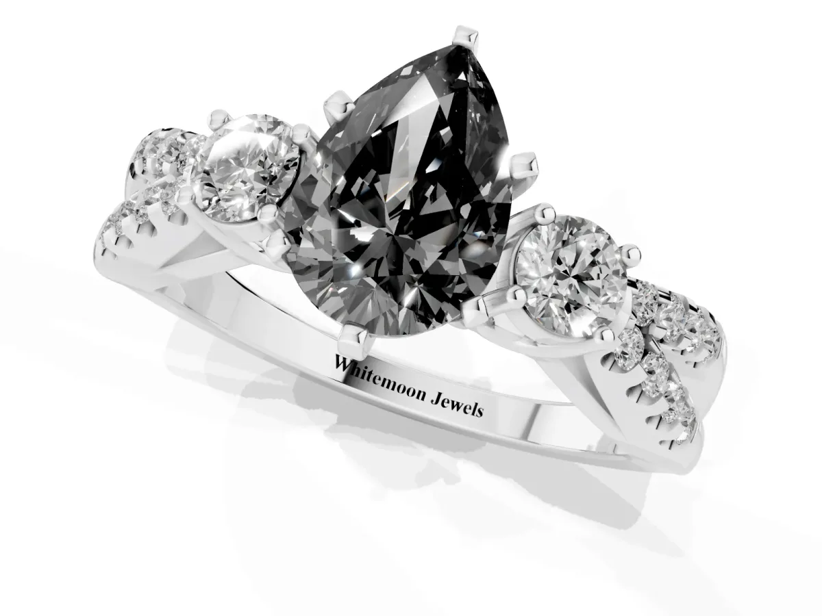 Fancy Black Pear Cut Diamond Three-Stone Ring with Pavé Split Shank and Four-Prong Setting Silver